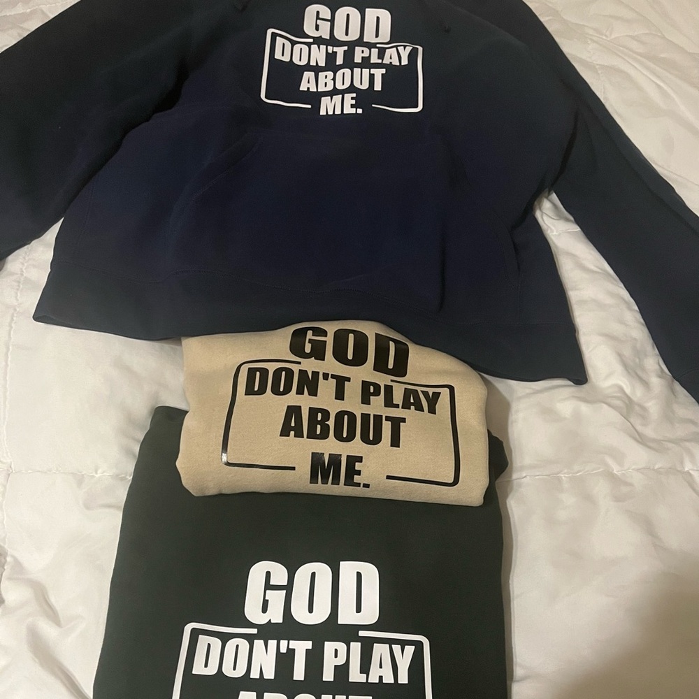Set of 3 Christian Unisex Hoodies size L-Hunter Green, Navy Blue, Tan . $100